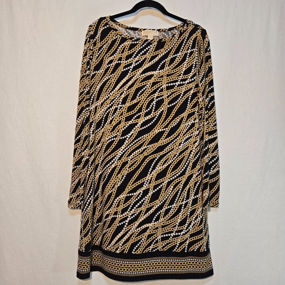 MICHAEL KORS Old Money Black/Gold Chain/Pearl Pattern Border Shift Dress Size L.